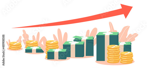 Financial Chart with Moving Up Red Arrow Graph, Gold Coins and Paper Bills Stacks. Stock Market Growth, Money Profit