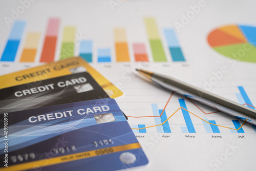 Credit card on chart and graph paper. Finance development, Banking Account, Statistics, Investment Analytic research data economy, Stock exchange trading, Business company concept.