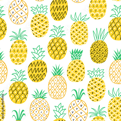 Pineapples vector seamless pattern on white background