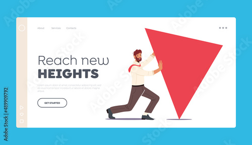 Competition, Task Solution Landing Page Template. Business Man Character Pushing Huge Triangular Figure Shape, Challenge