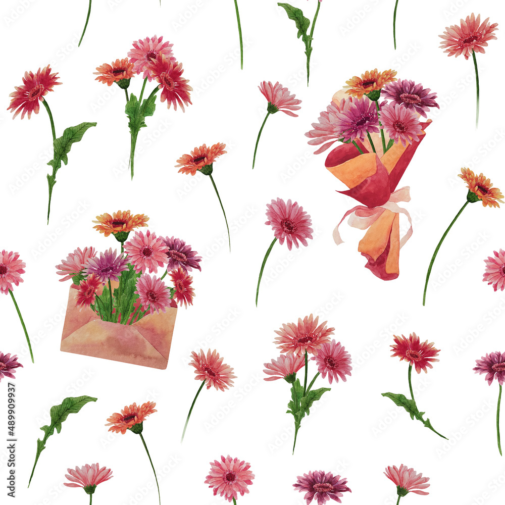 Watercolor seamless pattern with flowers of gerbera, bouquets, envelope with flowers. Bright illustration perfect for design of flower shop, for fabric and textile, wallpaper, wrapping paper, cover. Watercolor seamless pattern with flowers of gerbera, bouquets, envelope with flowers. Bright illustration perfect for design of flower shop, for fabric and textile, wallpaper, wrapping paper, cover.