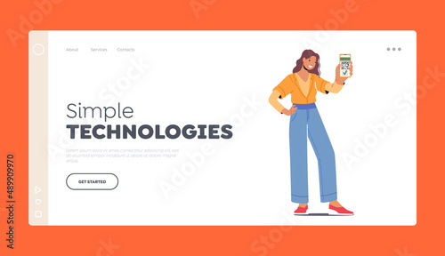 Simple Technology Landing Page Template. Digital Sanitary Pass, Vaccine Passport. Woman Show Qr Code