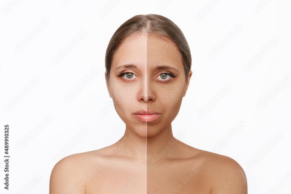 Portrait of a young caucasian woman before and after tanning isolated on a white background. The result of self-tanning. Tanned skin, contrast of skin colors Portrait of a young caucasian woman before and after tanning isolated on a white background. The result of self-tanning. Tanned skin, contrast of skin colors