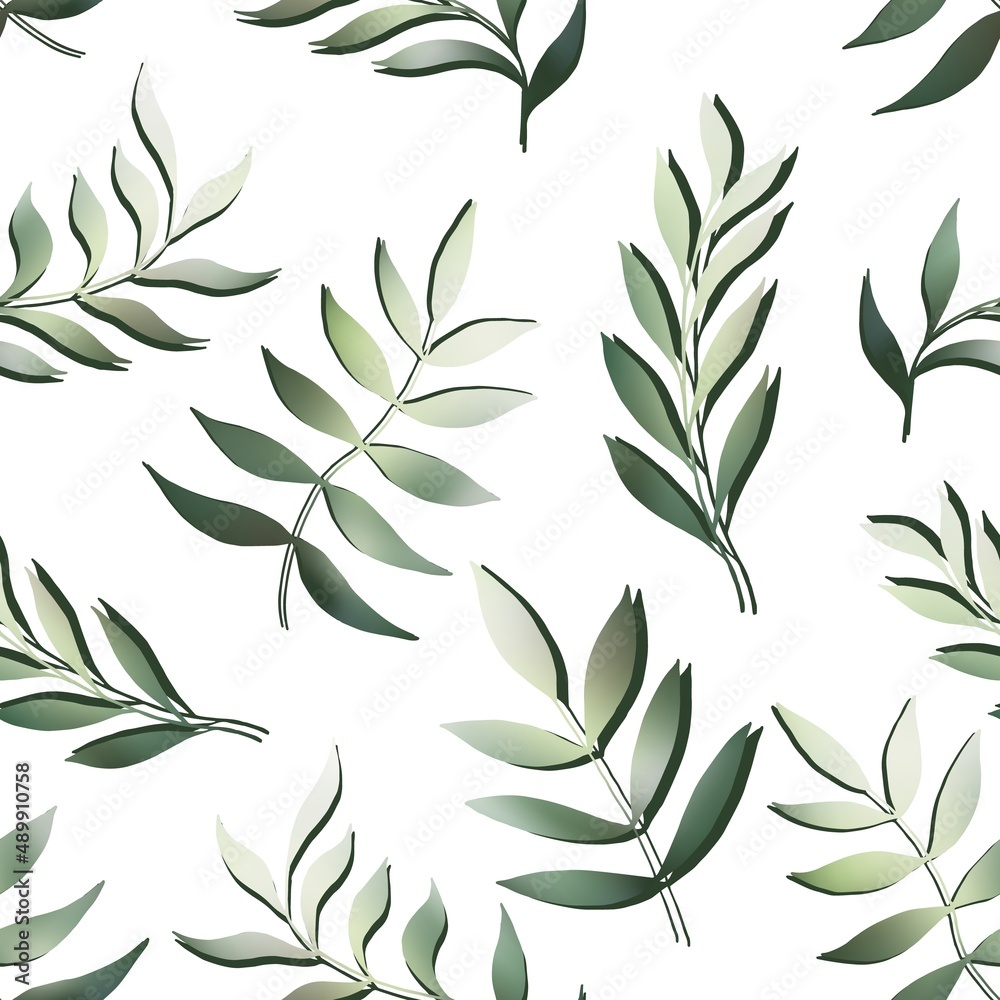 Elegant olive green branches seamless pattern. Luxury tropic vector background