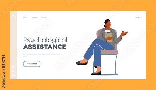 Psychological Assistance Landing Page Template. Psychiatrist, Female Psychologist Couch Sit in Armchair with Clipboard