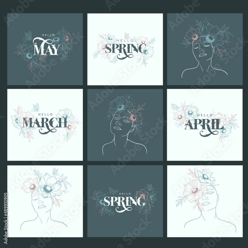 9 ready-made spring cards. Hello Spring, Hello March, Hello May, Hello April. Vector text. Spring months handwritten. Templates for advertising, greeting cards.