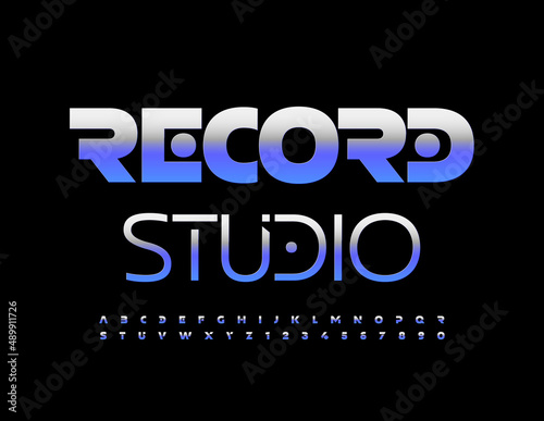 Vector modern sign Record Studio. Techno style Font. Gradient metallic Alphabet Letters and Numbers set