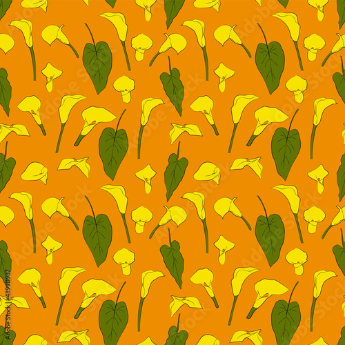 A set of seamless background with leaves  flowers. Color and line drawing. Lines have different widths. Calla lilies. vector graphics  1000x1000.