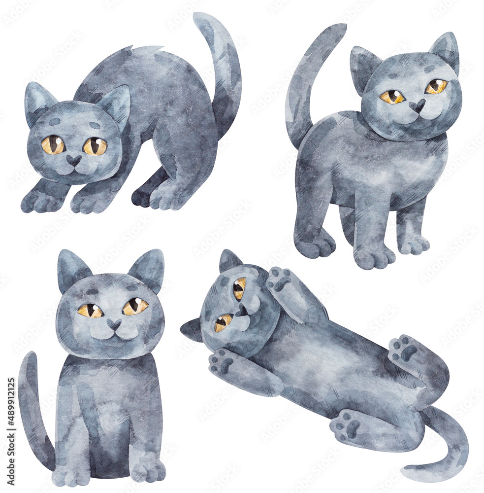 Cute watercolor illustrations of four British Shorthair kittens. Hand-drawn picture of small blue cats in different poses for decoration or greeting cards