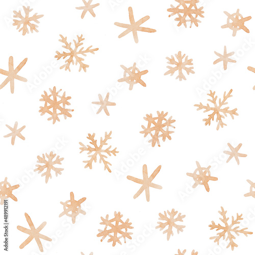 Winter seamless watercolor pattern with snowflakes. Snowflakes doodles. Watercolor splashes
