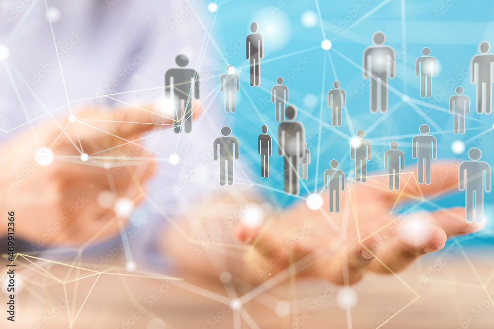 holding 3D rendering group of blue people