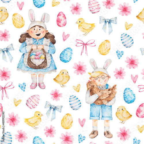 Easter watercolor pattern. Hand drawn texture with boy and girl in costumes of Easter rabbits. Spring pattern with eggs, hearts, chickens, flowers for decoration or wrapping paper photo