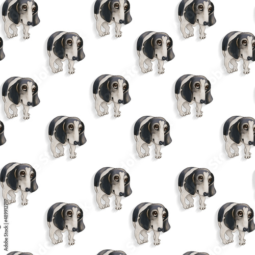 Seamless pattern with a cute black and white spotted dog on a white background.