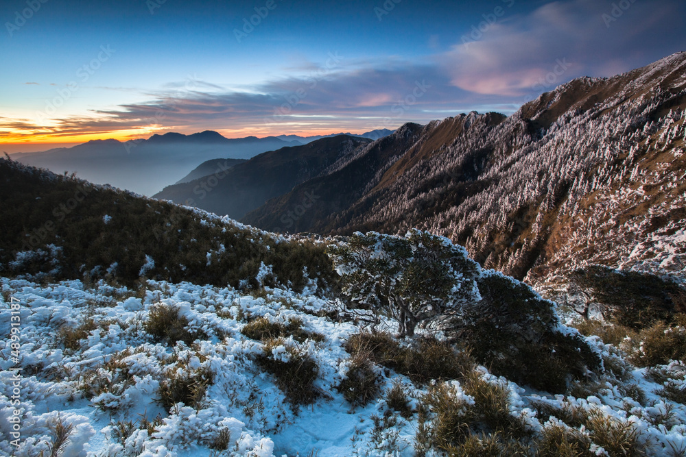 Asia - Beautiful landscape of highest mountains reflect fantasy dramatic sunset sky in winter at Taroko National Park, Hehuan Mountain, Taiwan 