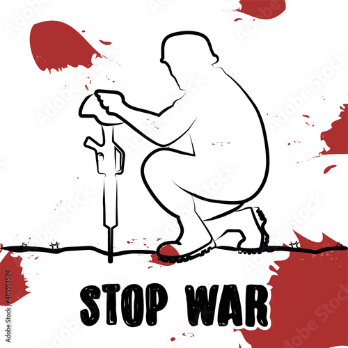 Tired soldier outline Rifle and helmet Stop war poster Vector