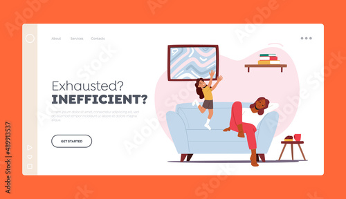 Exhausted Inefficient Landing Page Template. Hyperactive Child Jumping while Tired Mom Sleeping. Sleepy Parent at Home