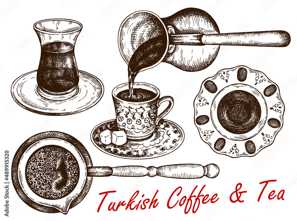 Sketch drawing set of Turkish tea and coffee in glass cup isolated on white background. Engraved drawing traditional Turkish hot drink, turk cup of coffee, turkish delight. Vintage vector illustration - obrazy, fototapety, plakaty 