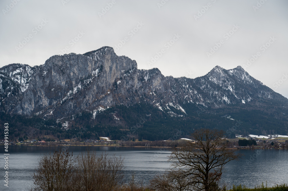 Lake Mondsee and surrounding stone cliffs