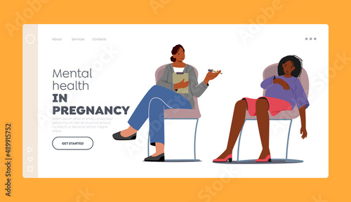 Perinatal Class Landing Page Template. Coach and Anxious or Tired Pregnant Female Character Discussing Maternity Issues