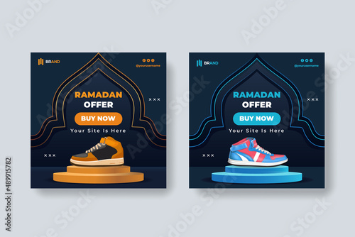 Ramadan sale social media post template banners ad. Shoe sale ramadan discount web banner template. 