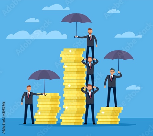 Level of protection of your finances. People in suits hold umbrellas over stacks of gold coins, bank deposit insurance, protect money and property, reliable investment. Vector concept