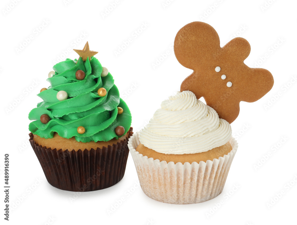Different beautiful Christmas cupcakes on white background Different beautiful Christmas cupcakes on white background