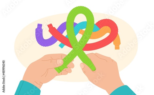 Popping pipes hands. Trendy sensory childish toys, kids hands bend color corrugated pop tubes, antistress flexible colorful elements, modern game for children, vector cartoon flat concept