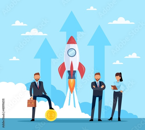 Starting business with successful team. Rocket launch into space, group of people with leader, startup financing, new creative technologies or project. Vector isolated teamwork concept