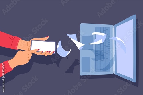 Wireless data exchange. Hands holding smartphone send database to laptop, sending documents and information, money transfer. Internet and wifi communication. Vector cartoon flat concept