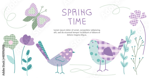 Spring banner with bird or dove, butterfly and flowers in pastel colors and tartan pattern. The vector illustration in abstract patchwork flat design or POP ART style.