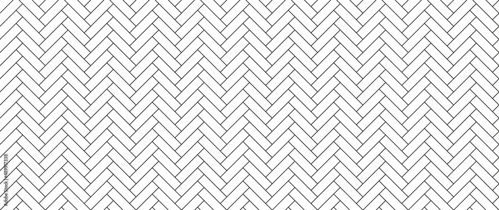 Herringbone floor. Seamless tile pattern. Herring bone texture. Linear cladding surface. Ceramic zigzag print. Paving banner. Scandinavian subway panel. Classic tessellation grid. Vector illustration