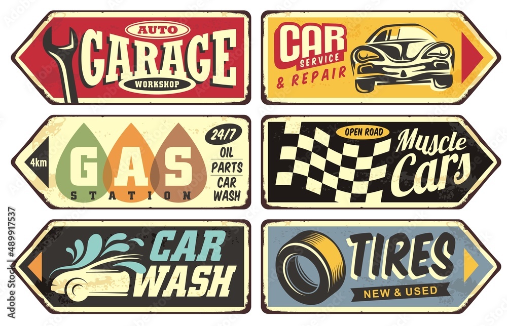 Retro collection of cars and transportation sign boards. Garage, gas station, muscle cars, tires, services and car wash posters and labels. Vector illustration.