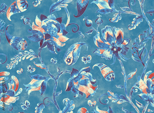 Paisley watercolor floral pattern. Jacobean floral tile: flowers, flores leaves. Oriental indian traditional hand painted water color whimsical seamless print design. Abstract india batik background