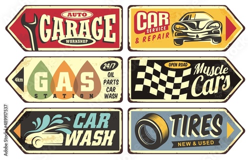 Retro collection of cars and transportation sign boards. Garage, gas station, muscle cars, tires, services and car wash posters and labels. Vector illustration.