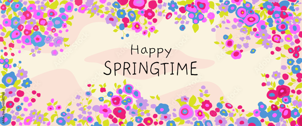Vector card with colorful pop flowers, happy spring