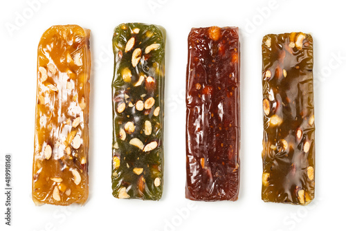 Turkish traditional delight with nuts isolated on white background.