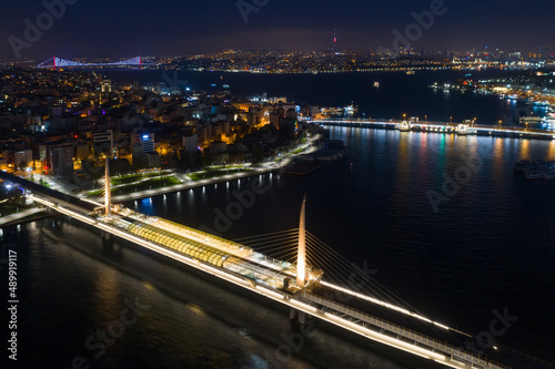 night view of istanbul. golden horn drone shooting.
