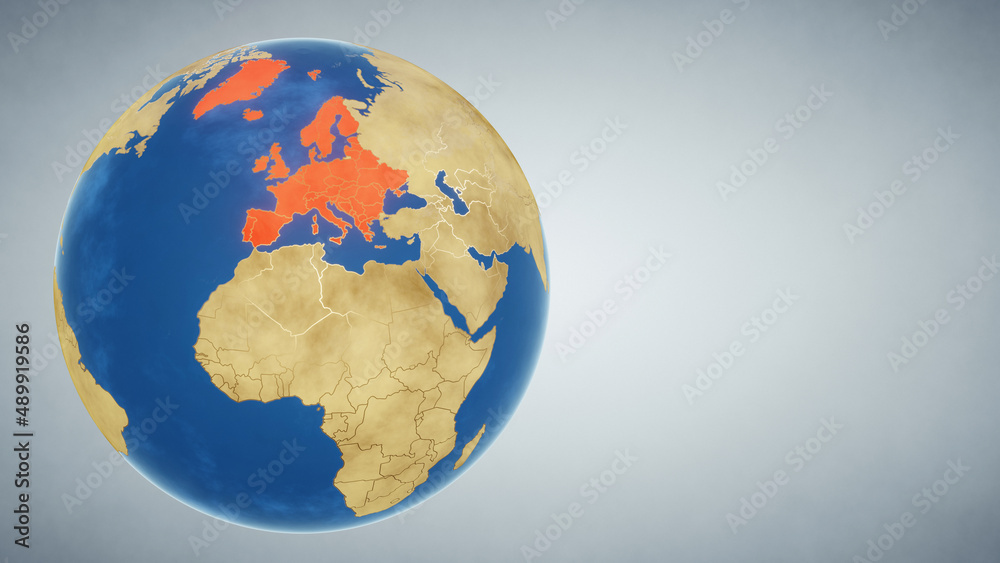 Earth globe with continent of Europe highlighted in red. 3D illustration. Elements of this image furnished by NASA