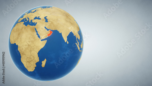 Fototapeta Naklejka Na Ścianę i Meble -  Earth globe with country of Oman highlighted in red. 3D illustration. Elements of this image furnished by NASA