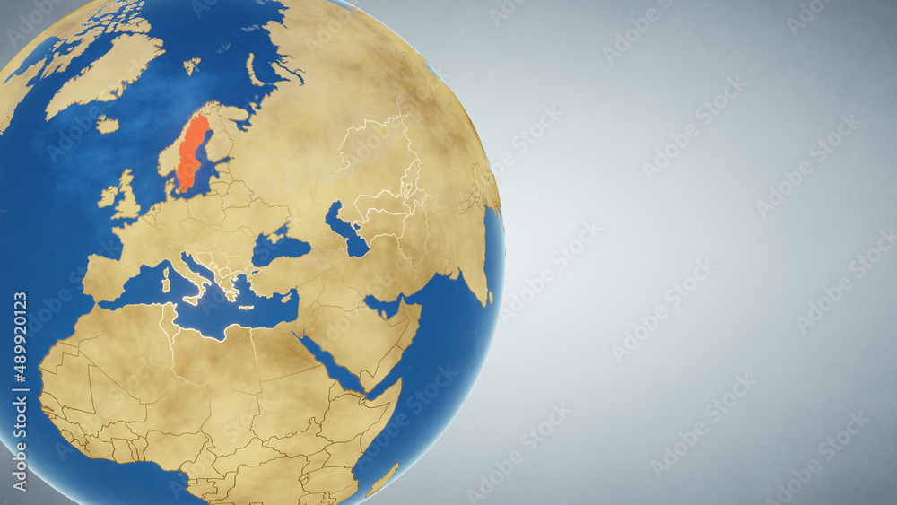Earth globe with country of Sweden highlighted in red. 3D illustration. Elements of this image furnished by NASA