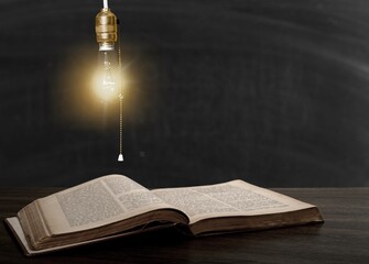 Vintage, antiquarian open book ad glass bulb lamp