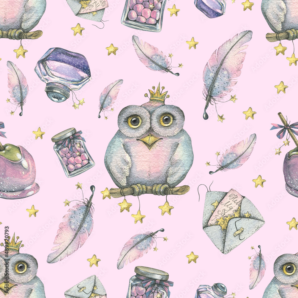 Pattern with watercolor illustration of magical owls. Pattern with watercolor illustration of magical owls.