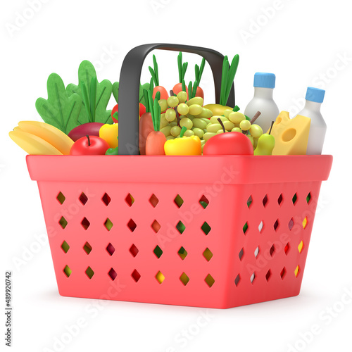 Shopping basket with groceries. Full plastic grocery or food cart with products in cartoon style, side view, isolated on white. 3d rendering.