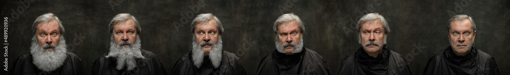 Change process. Set of portraits of senior man looking at camera isolated on dark vintage background. Concept of emotions, fashion, beauty Change process. Set of portraits of senior man looking at camera isolated on dark vintage background. Concept of emotions, fashion, beauty