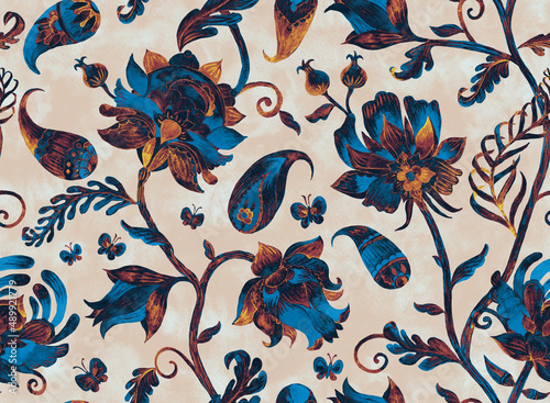 Paisley watercolor floral pattern. Jacobean floral tile: flowers, flores leaves. Oriental indian traditional hand painted water color whimsical seamless print design. Abstract india batik background