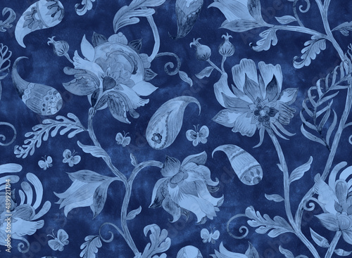 Paisley watercolor floral pattern. Jacobean floral tile: flowers, flores leaves. Oriental indian traditional hand painted water color whimsical seamless print design. Abstract india batik background