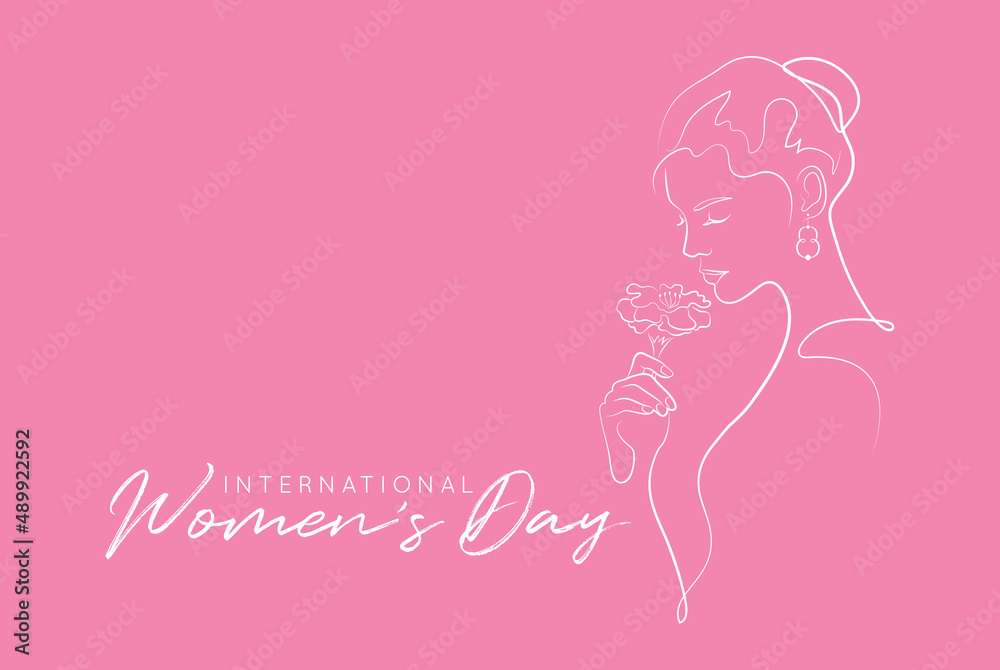 8 March - International Women's Day continuous line art drawing. Abstract minimal linear woman portrait with flower. Hand drawn feminine minimalistic modern art. Beauty and fashion concept. 8 March - International Women's Day continuous line art drawing. Abstract minimal linear woman portrait with flower. Hand drawn feminine minimalistic modern art. Beauty and fashion concept.
