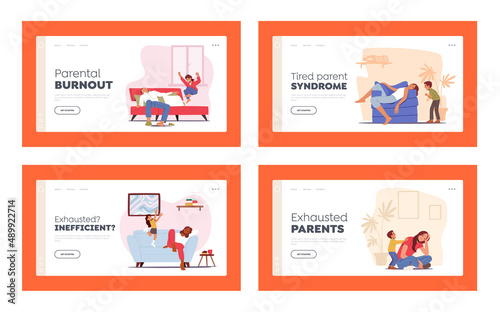 Tired Parents Landing Page Template Set. Hyperactive Children at Home, Fatigue Dad and Mom Sleep while Kids Playing