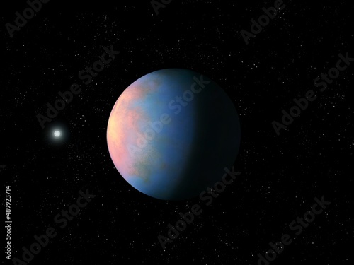 Flight to a distant exoplanet. Strange alien world in outer space. planetary science. 