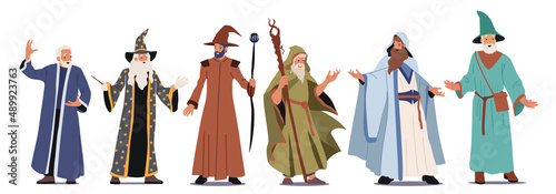 Set of Different Wizards Characters Wear Long Robe, Cloak and Hat with Wand or Magic Staff Isolated on White Background